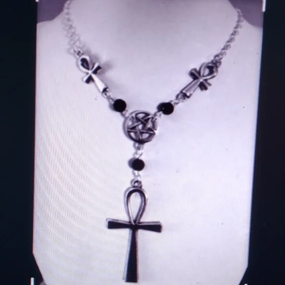 Beautiful Silver Egyptian Ankh 3 Cross Beaded Necklace - Picture 4 of 5